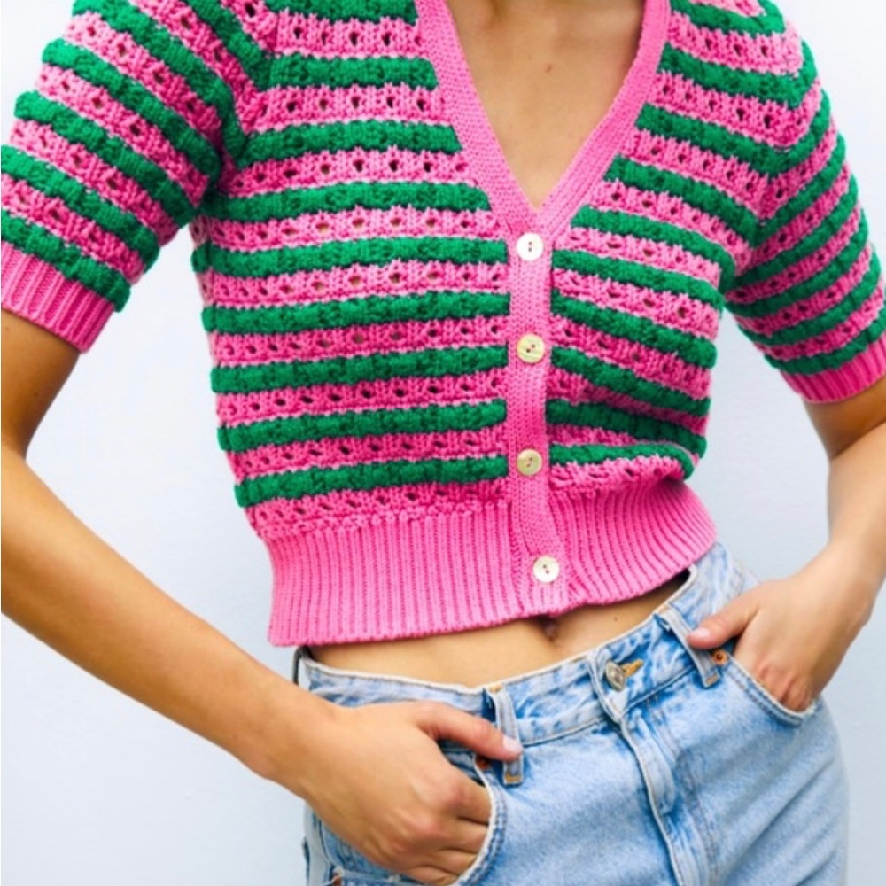Zara Pink and Green Crop Knit Cardigan